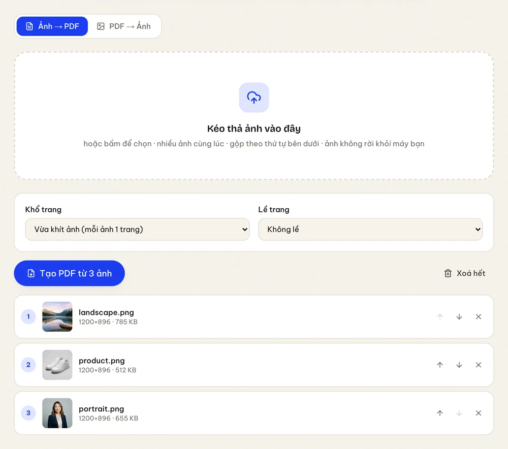 Công cụ chuyển ảnh sang PDF với danh sách ảnh sắp xếp được