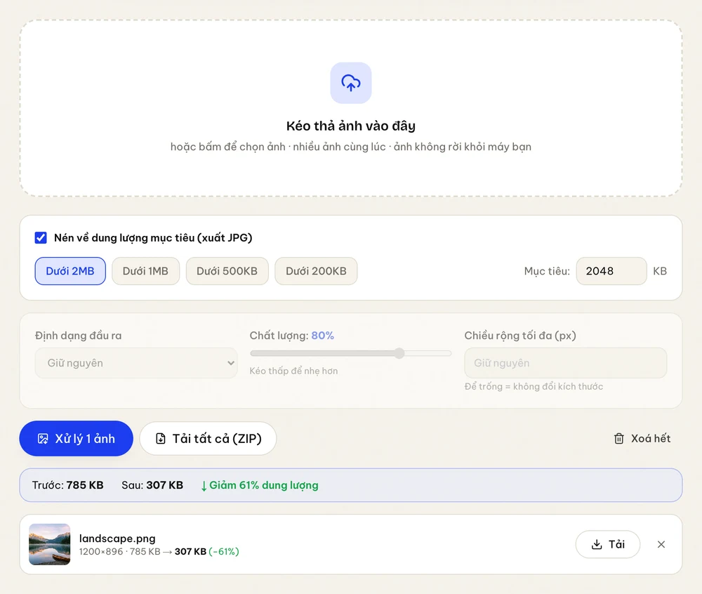 Chế độ nén ảnh về dung lượng mục tiêu dưới 2MB